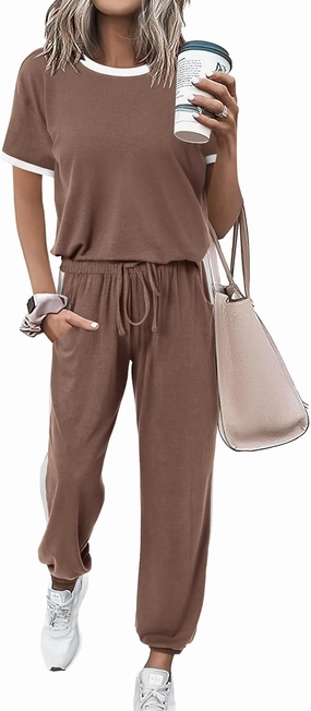 MASCOMODA Womens 2 Piece Outfits 2025 Summer Tracksuit Sets Short Sleeve Tops Travel Long Pants Jogger Lounge Set