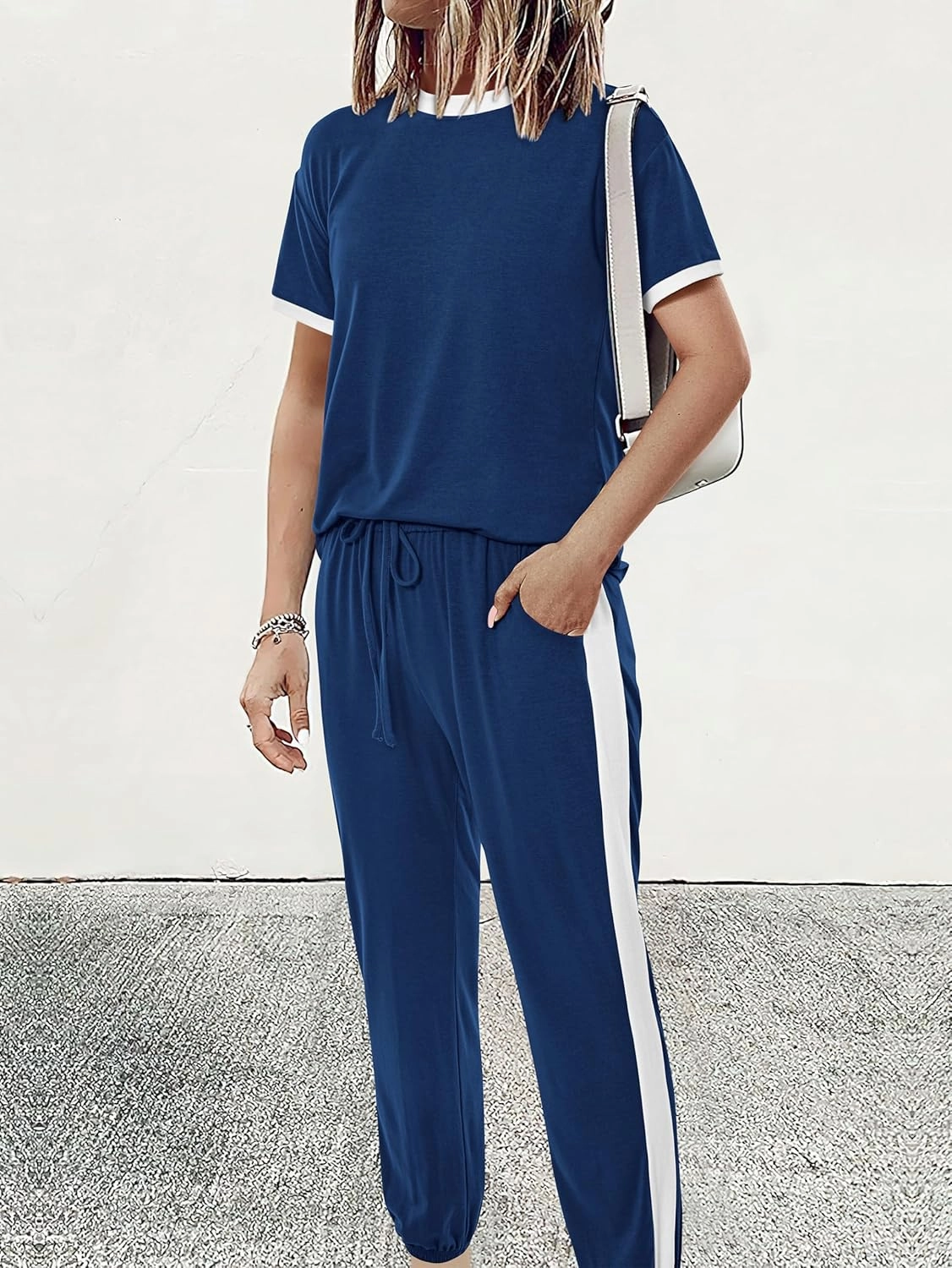MASCOMODA Womens 2 Piece Outfits 2025 Summer Tracksuit Sets Short Sleeve Tops Travel Long Pants Jogger Lounge Set