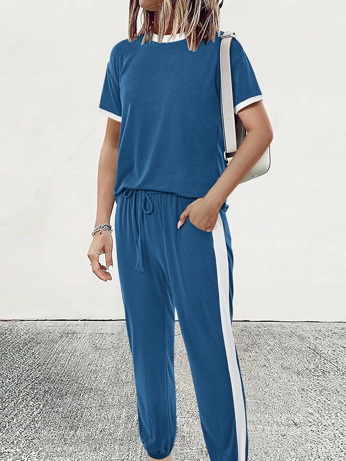 MASCOMODA Womens 2 Piece Outfits 2025 Summer Tracksuit Sets Short Sleeve Tops Travel Long Pants Jogger Lounge Set