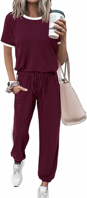 MASCOMODA Womens 2 Piece Outfits 2025 Summer Tracksuit Sets Short Sleeve Tops Travel Long Pants Jogger Lounge Set