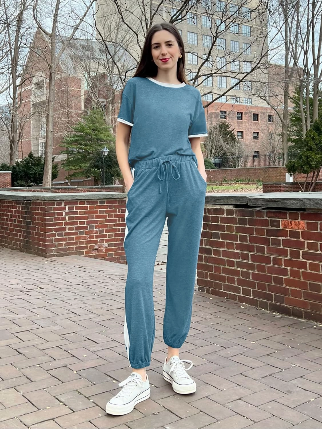 MASCOMODA Womens 2 Piece Outfits 2025 Summer Tracksuit Sets Short Sleeve Tops Travel Long Pants Jogger Lounge Set