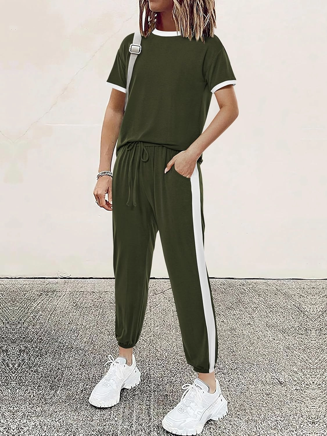 MASCOMODA Womens 2 Piece Outfits 2025 Summer Tracksuit Sets Short Sleeve Tops Travel Long Pants Jogger Lounge Set