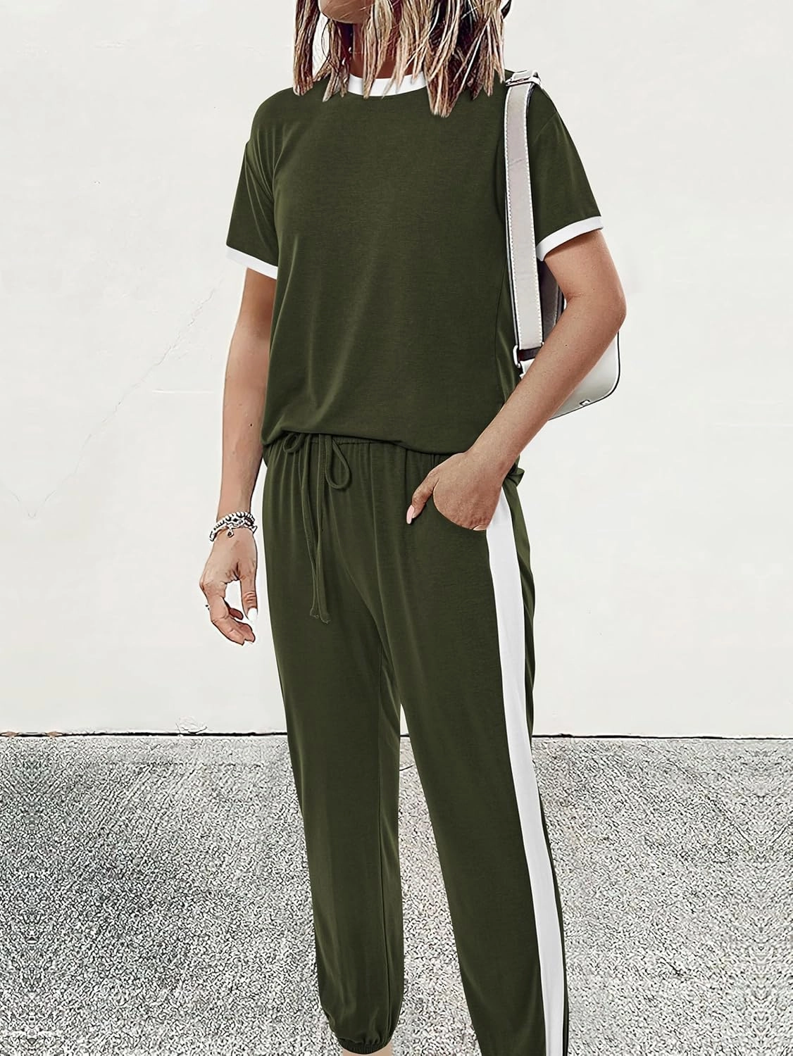 MASCOMODA Womens 2 Piece Outfits 2025 Summer Tracksuit Sets Short Sleeve Tops Travel Long Pants Jogger Lounge Set