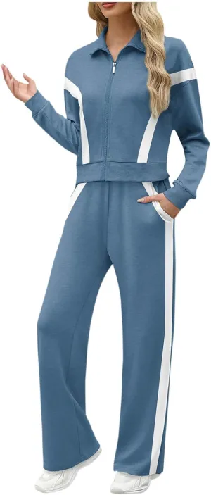 Matching Sets For Women Zipper Long Sleeve Sweatshirt Wide Leg Pants 2 Piece Outfits Fashion Casual Sweatsuit
