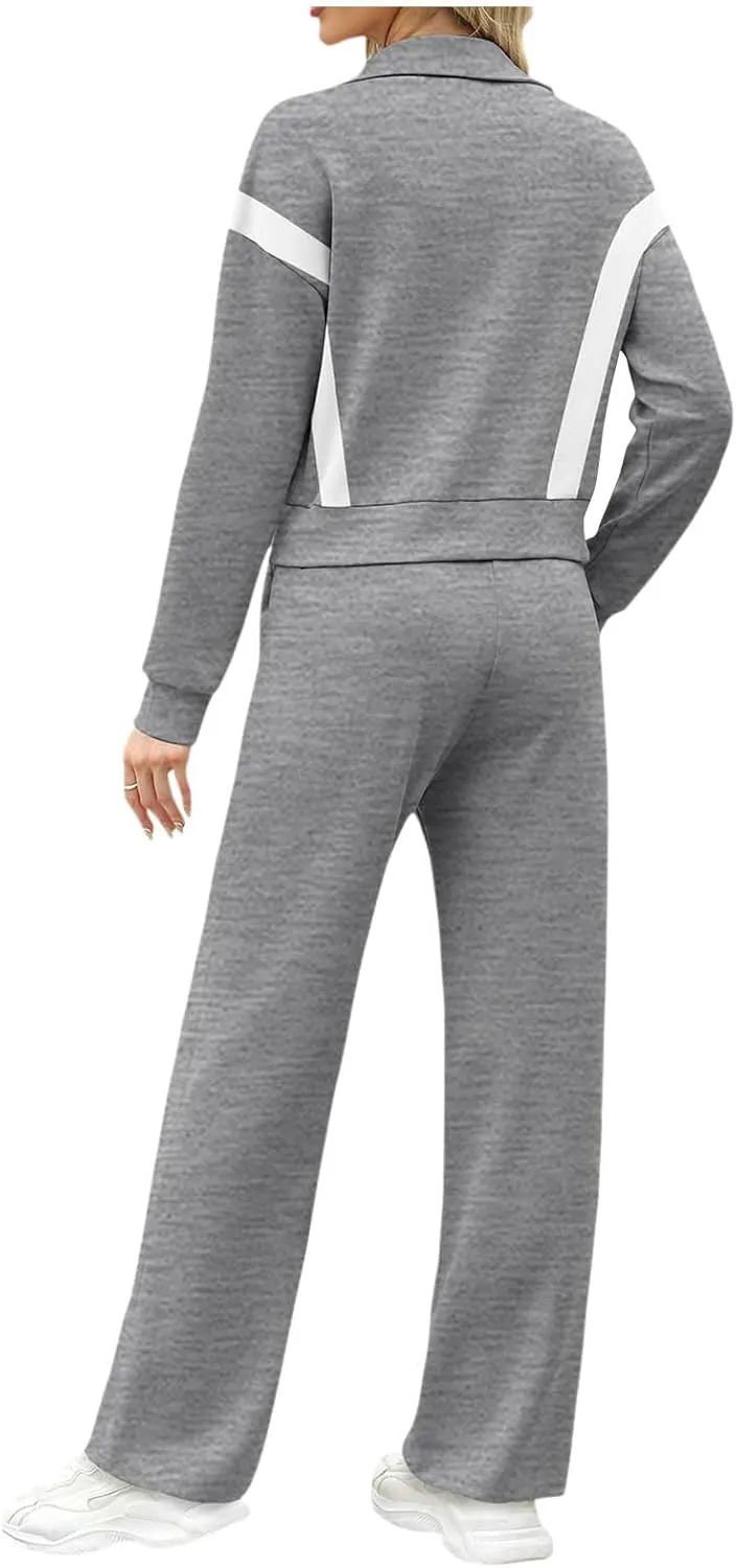 Matching Sets For Women Zipper Long Sleeve Sweatshirt Wide Leg Pants 2 Piece Outfits Fashion Casual Sweatsuit