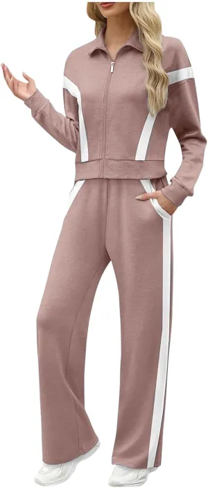 Matching Sets For Women Zipper Long Sleeve Sweatshirt Wide Leg Pants 2 Piece Outfits Fashion Casual Sweatsuit