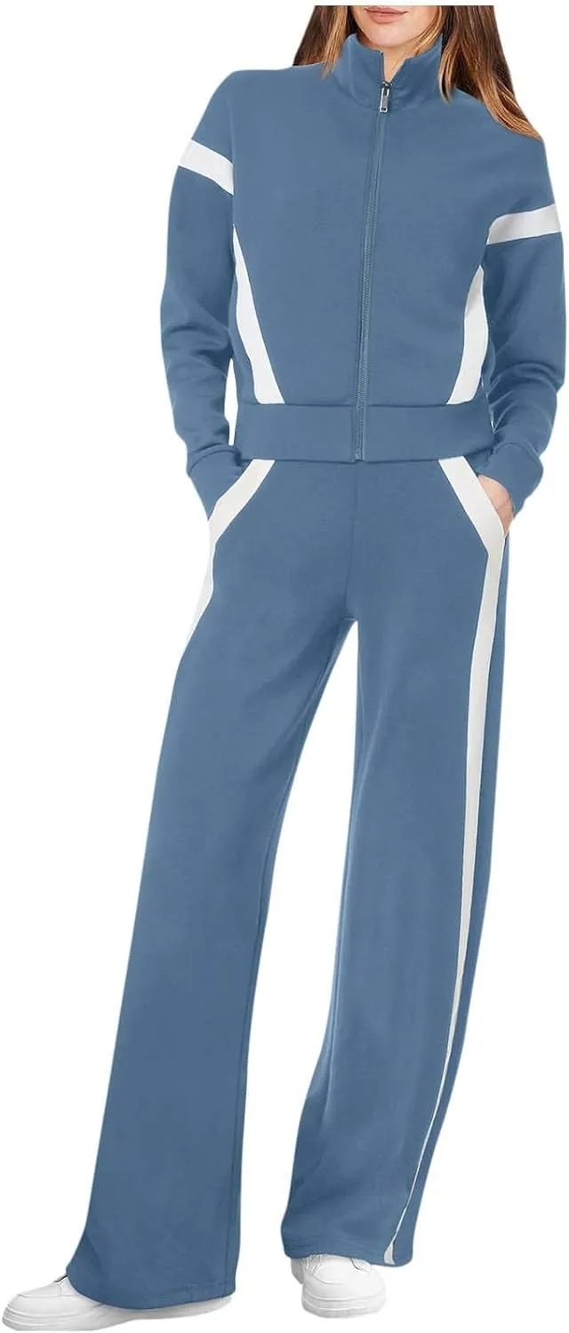 Matching Sets For Women Zipper Long Sleeve Sweatshirt Wide Leg Pants 2 Piece Outfits Fashion Casual Sweatsuit