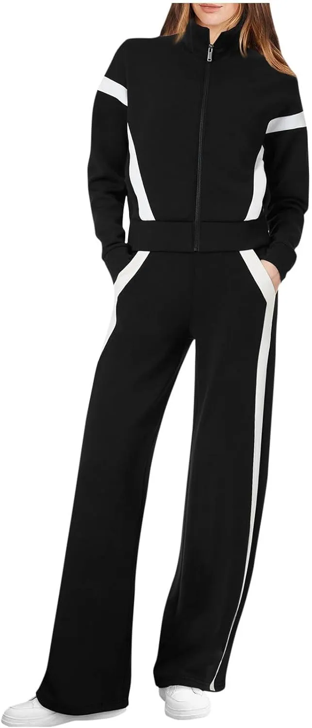 Matching Sets For Women Zipper Long Sleeve Sweatshirt Wide Leg Pants 2 Piece Outfits Fashion Casual Sweatsuit