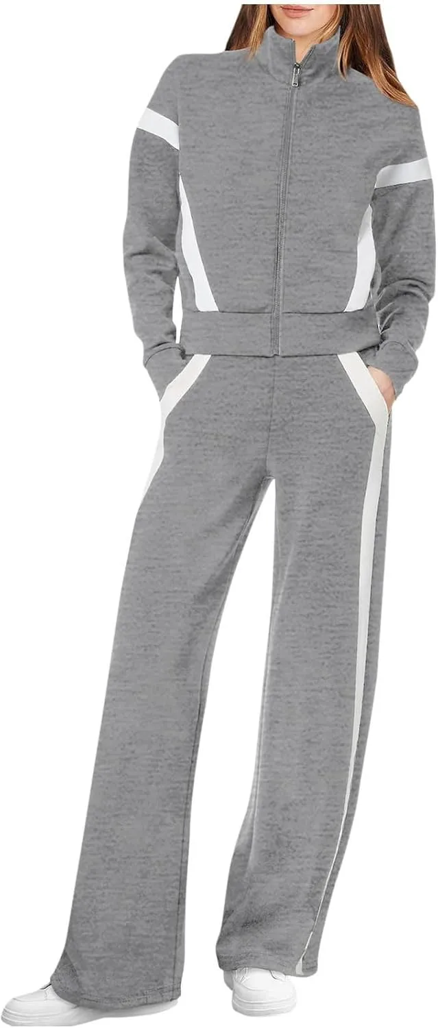 Matching Sets For Women Zipper Long Sleeve Sweatshirt Wide Leg Pants 2 Piece Outfits Fashion Casual Sweatsuit