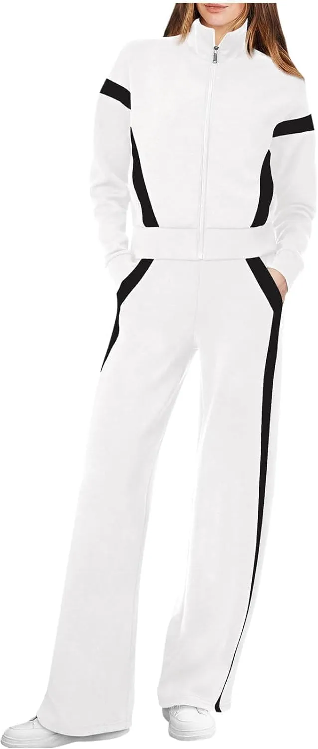 Matching Sets For Women Zipper Long Sleeve Sweatshirt Wide Leg Pants 2 Piece Outfits Fashion Casual Sweatsuit