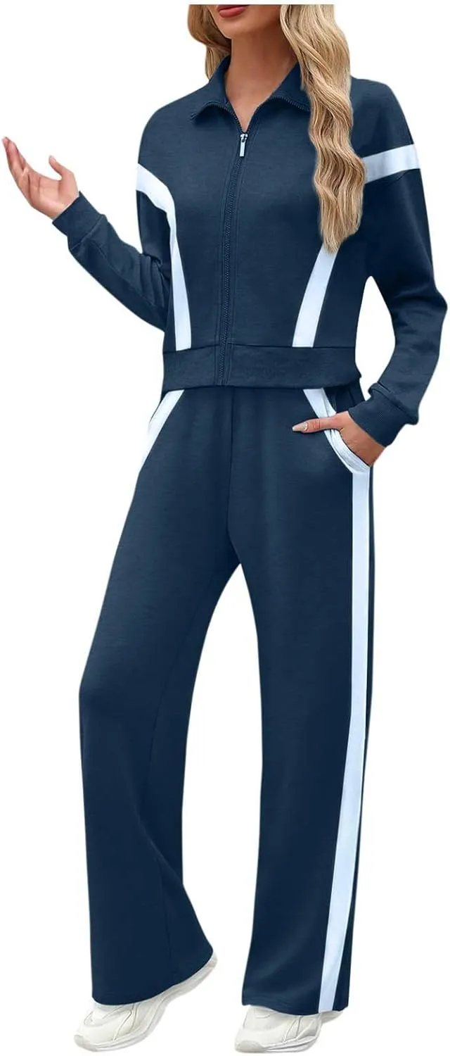 Matching Sets For Women Zipper Long Sleeve Sweatshirt Wide Leg Pants 2 Piece Outfits Fashion Casual Sweatsuit