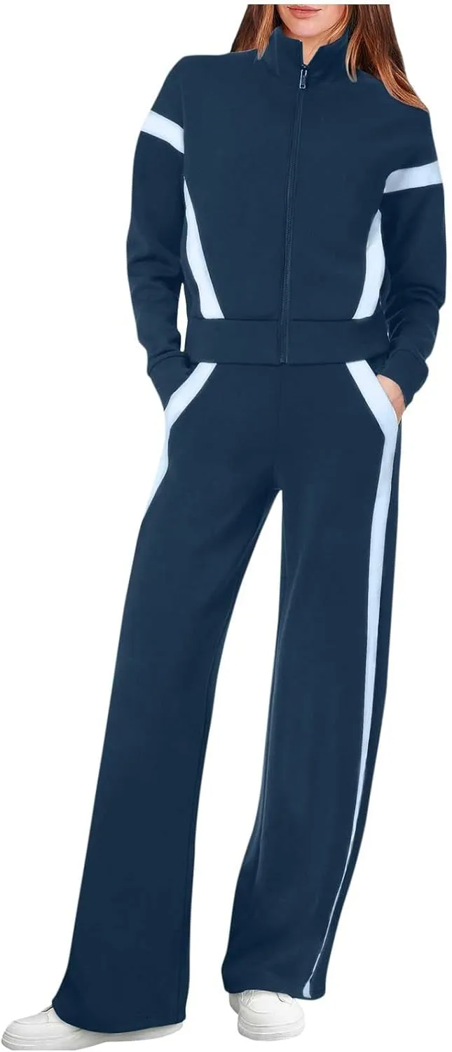Matching Sets For Women Zipper Long Sleeve Sweatshirt Wide Leg Pants 2 Piece Outfits Fashion Casual Sweatsuit