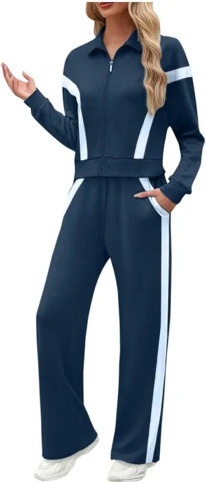 Matching Sets For Women Zipper Long Sleeve Sweatshirt Wide Leg Pants 2 Piece Outfits Fashion Casual Sweatsuit