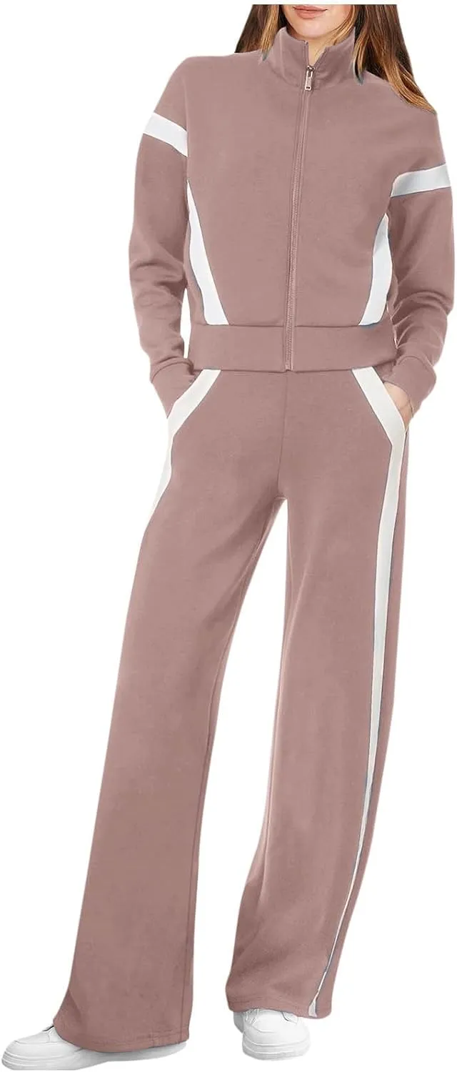 Matching Sets For Women Zipper Long Sleeve Sweatshirt Wide Leg Pants 2 Piece Outfits Fashion Casual Sweatsuit