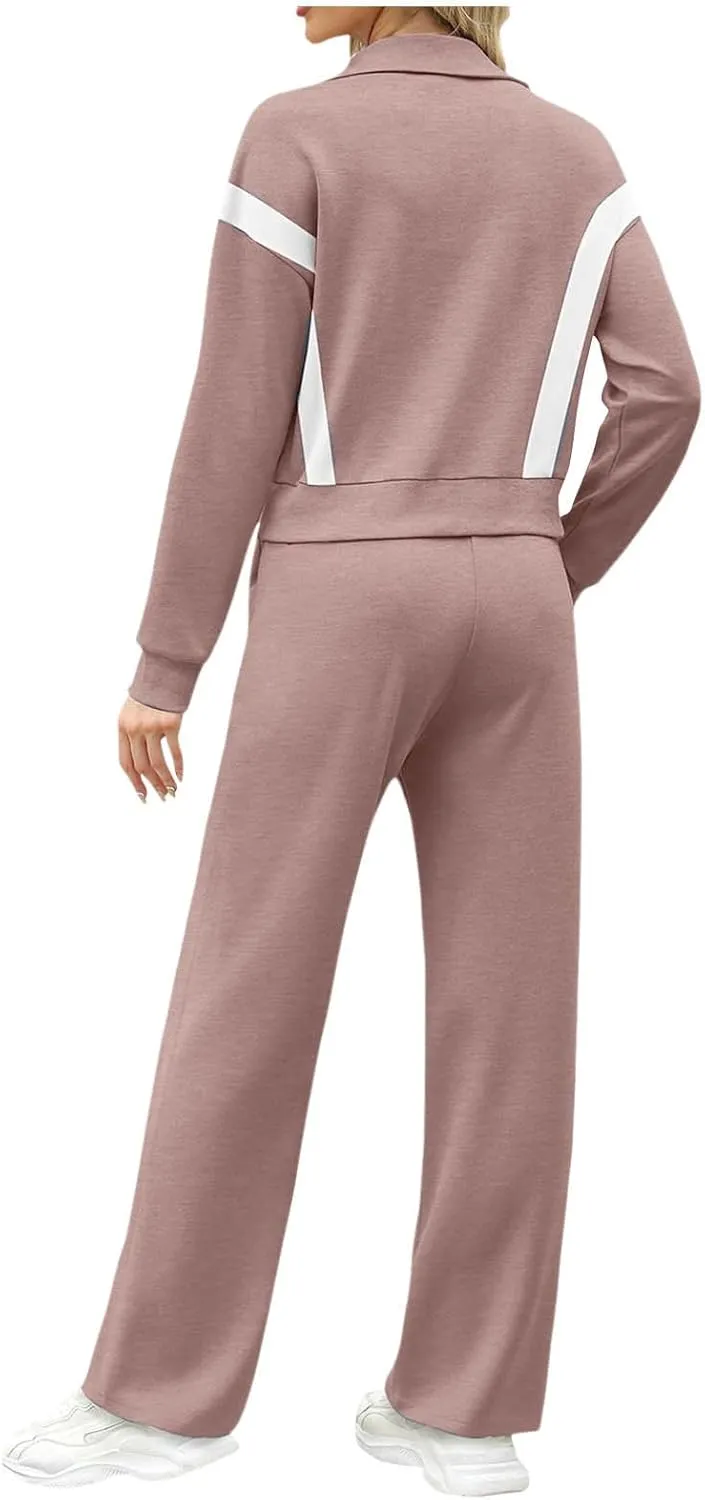 Matching Sets For Women Zipper Long Sleeve Sweatshirt Wide Leg Pants 2 Piece Outfits Fashion Casual Sweatsuit