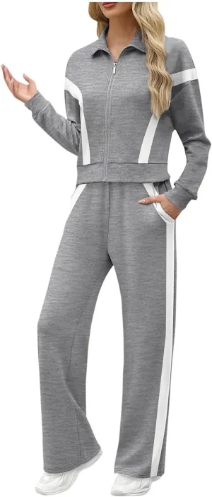 Matching Sets For Women Zipper Long Sleeve Sweatshirt Wide Leg Pants 2 Piece Outfits Fashion Casual Sweatsuit