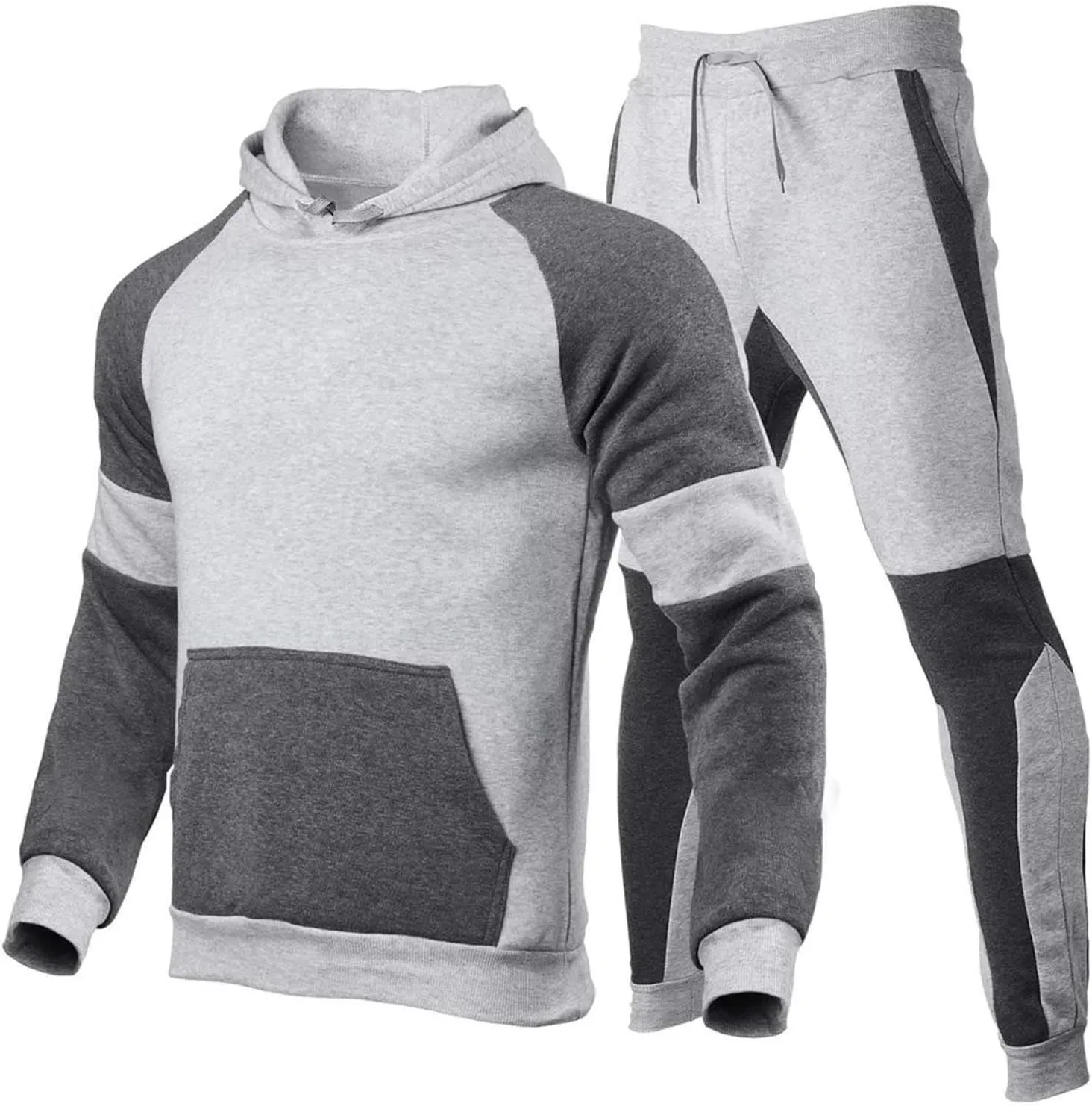 Men's Tracksuit 2 Piece Hoodie Athletic Sweatsuits Color Block Long Sleeve Hooded Sweatshirts Loose Sweatpant Set