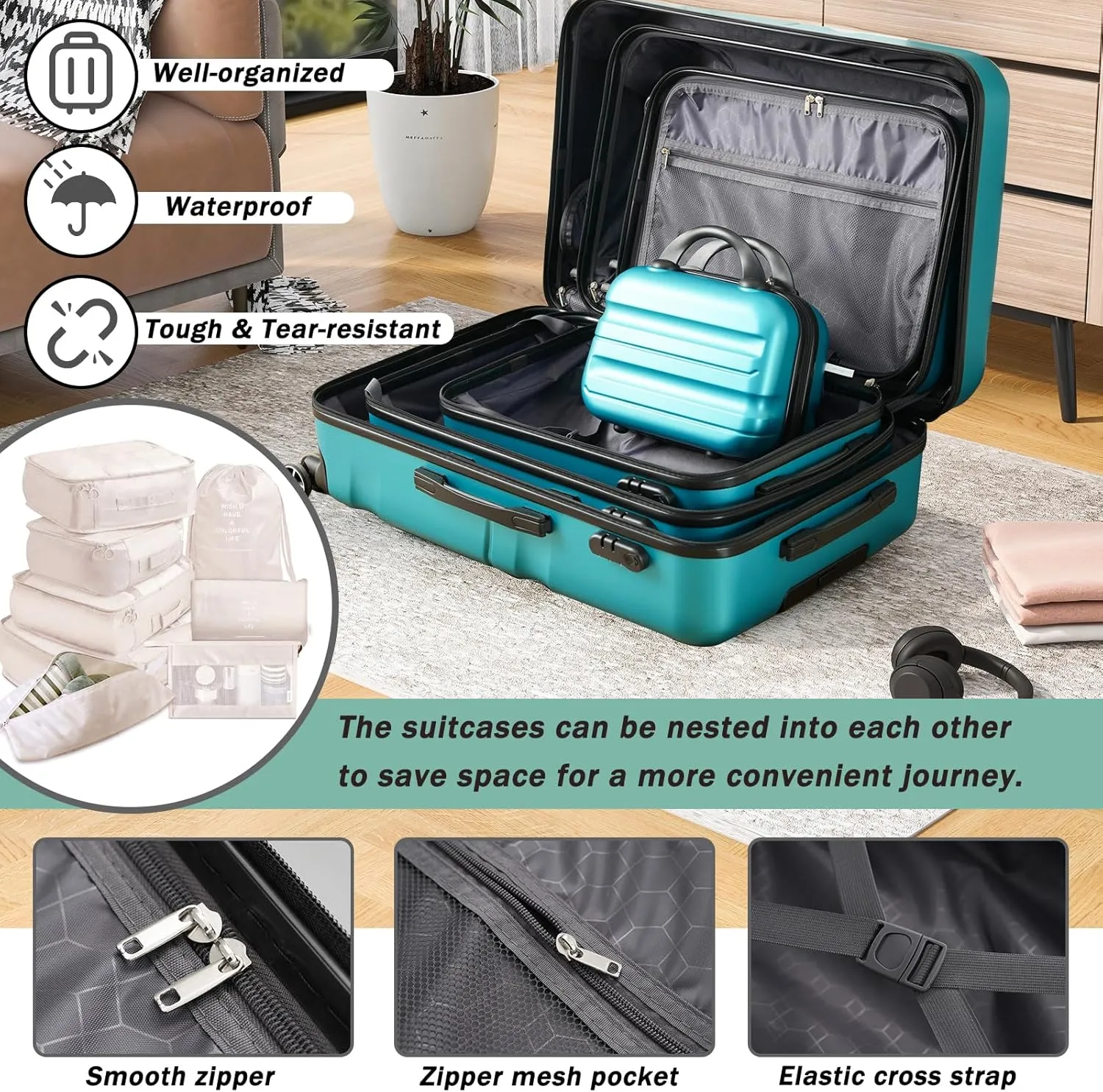 Merax Luggage Set 13 Piece, Hardshell ABS Suitcases with 8 Silent Spinner Wheels, Durable and Lightweight Travel Luggage for Family Trips, Blue
