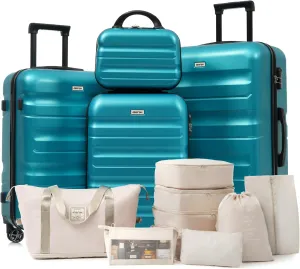 Merax Luggage Set 13 Piece, Hardshell ABS Suitcases with 8 Silent Spinner Wheels, Durable and Lightweight Travel Luggage for Family Trips, Blue
