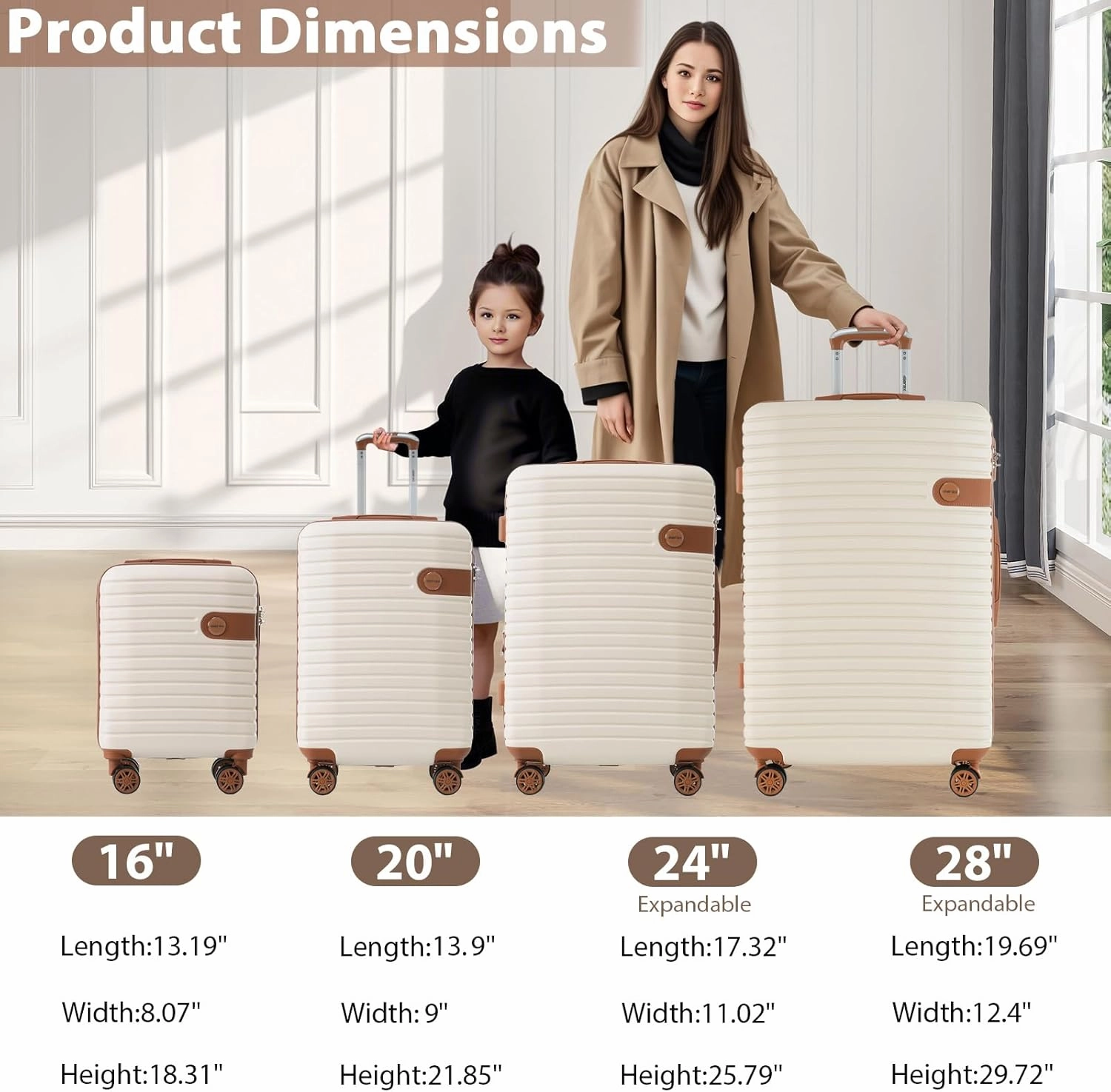 Merax Hardshell Luggage Sets 4 piece Lightweight Durable Suitcases With Wheels TSA Lock Expandable (only 24”/28”) ABS Large Travel Luggage Set (Cream)