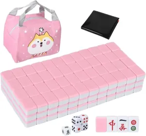 Mini Mahjong Set 中国麻将 Waterproof Chinese Majiang 144 Melamine Tiles 0.94"(24MM) with Portable Travel Handbag Complete Mahjong Game Set Mah Jong Majiang with Dices Table Cover