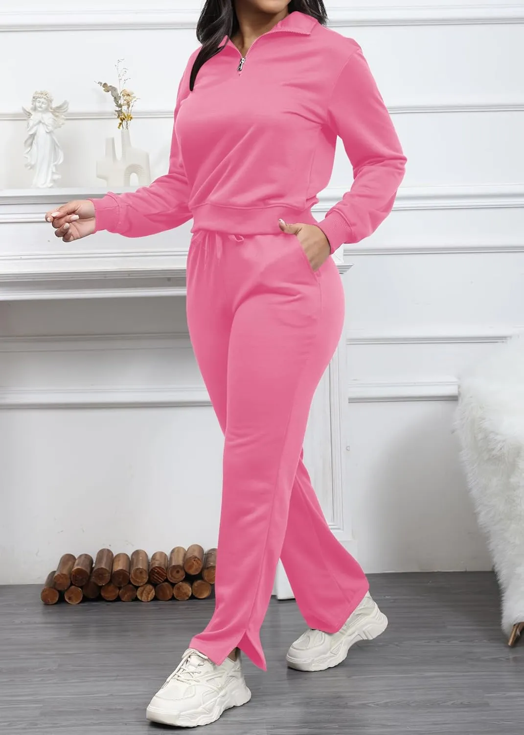 MOEENCN Women 2 Piece Outfits Sweatsuit Oversized Half Zip Sweatshirt Wide Leg Sweatpant Casual Lounge Matching Set Tracksuit