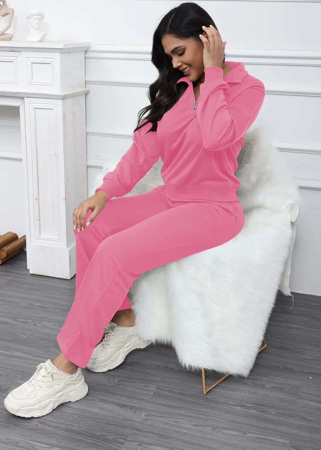 MOEENCN Women 2 Piece Outfits Sweatsuit Oversized Half Zip Sweatshirt Wide Leg Sweatpant Casual Lounge Matching Set Tracksuit