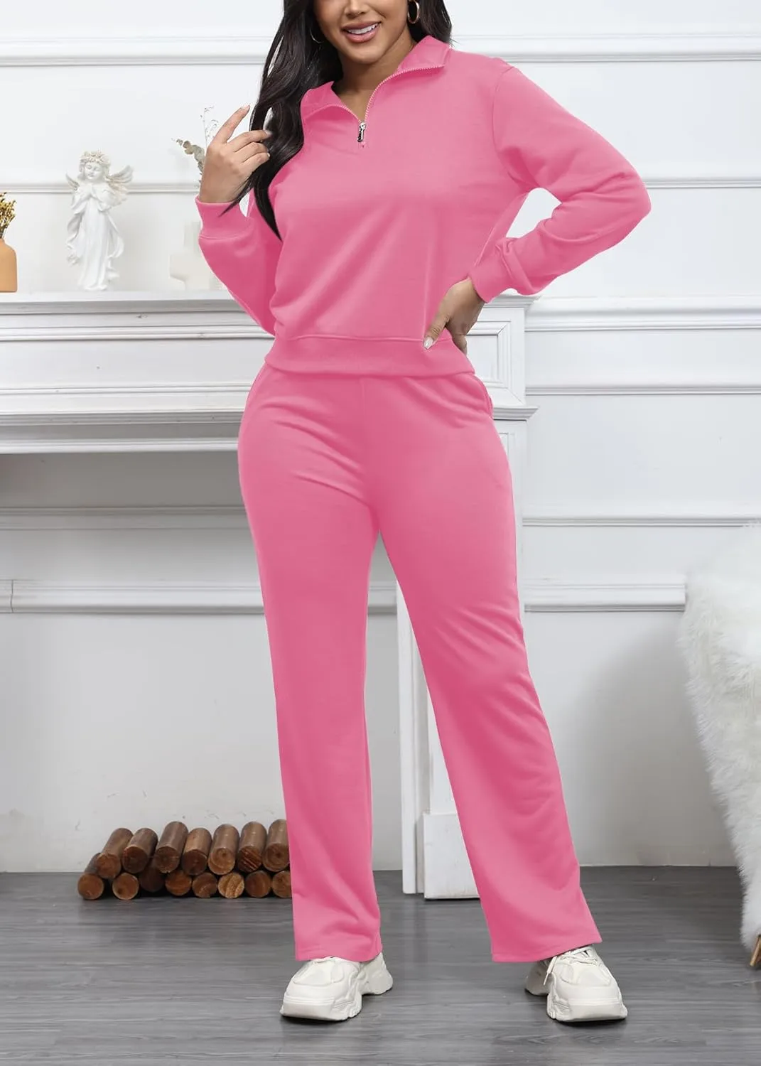 MOEENCN Women 2 Piece Outfits Sweatsuit Oversized Half Zip Sweatshirt Wide Leg Sweatpant Casual Lounge Matching Set Tracksuit