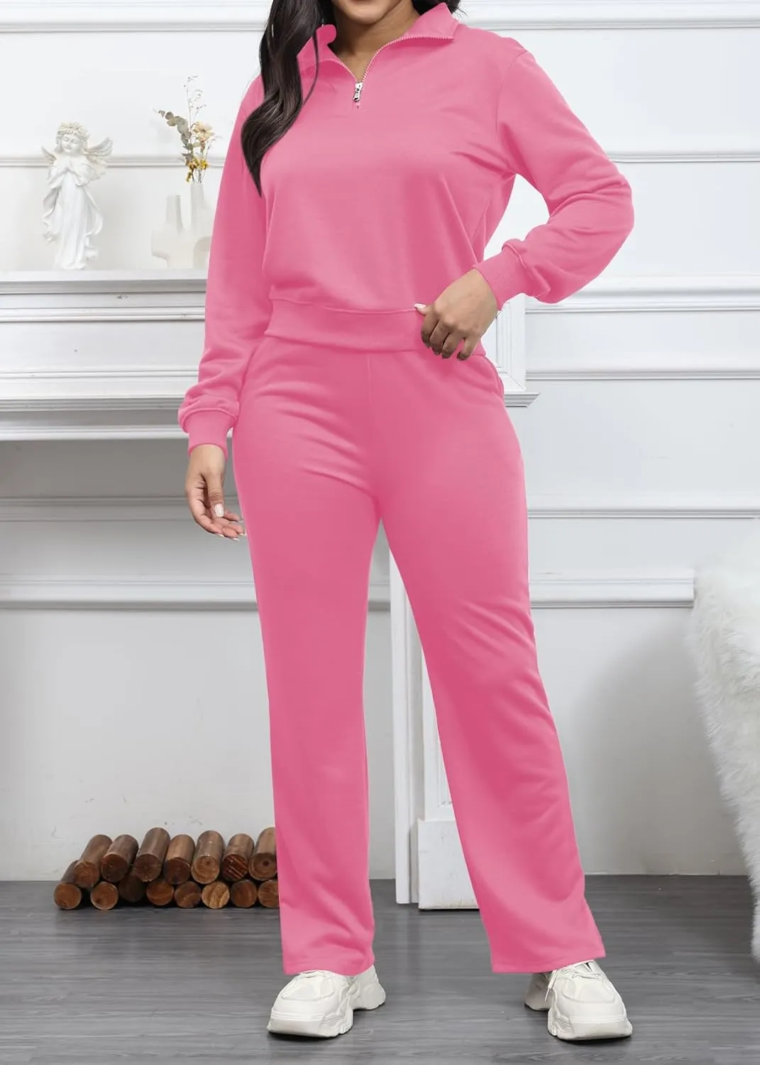 MOEENCN Women 2 Piece Outfits Sweatsuit Oversized Half Zip Sweatshirt Wide Leg Sweatpant Casual Lounge Matching Set Tracksuit