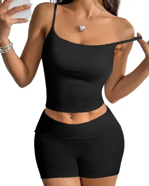 MOOSLOVER Women 2 Piece Lounge Matching Sets Padded Workout Set Cami Tank Top Fold Over Shorts Summer Outfits