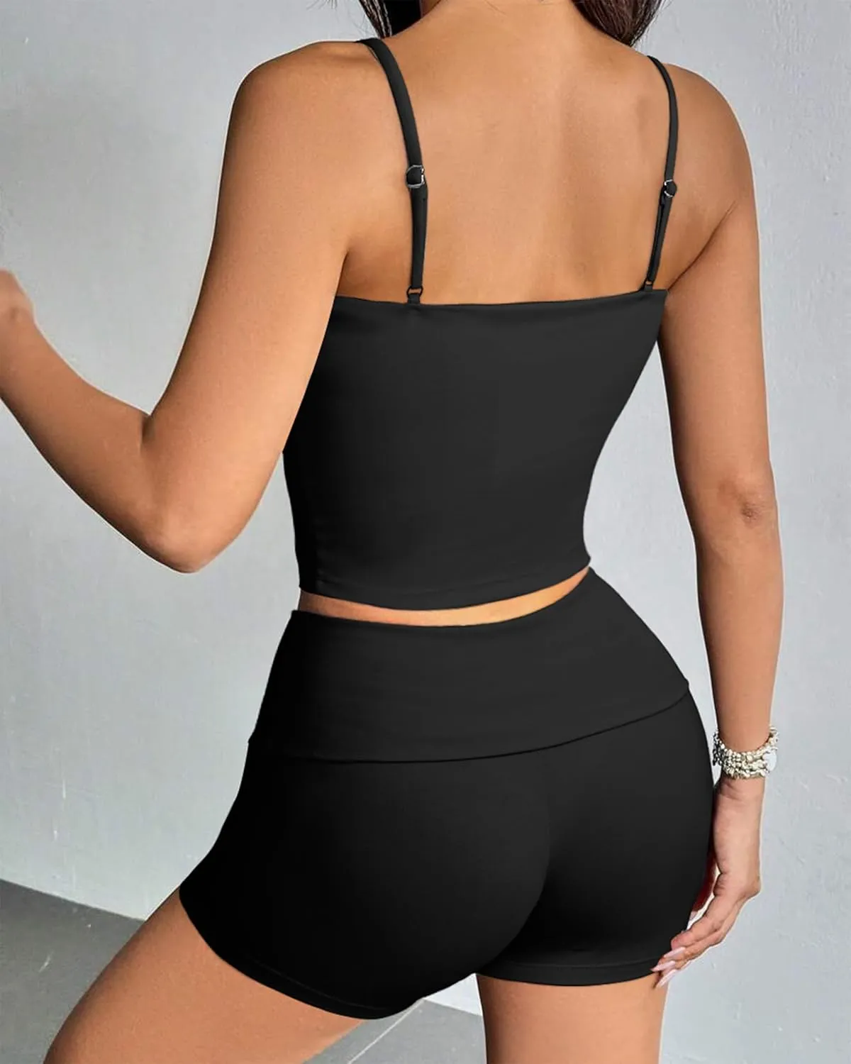 MOOSLOVER Women 2 Piece Lounge Matching Sets Padded Workout Set Cami Tank Top Fold Over Shorts Summer Outfits