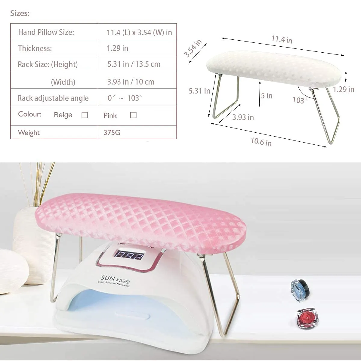 Nail Arm Rest, Hand Rest for Nail Microfiber Soft Leather Manicure Nail Rest with Non-Slip,  Professional Hand Pillow Cushion Table Desk Station for Nail Techs Use (Pink)