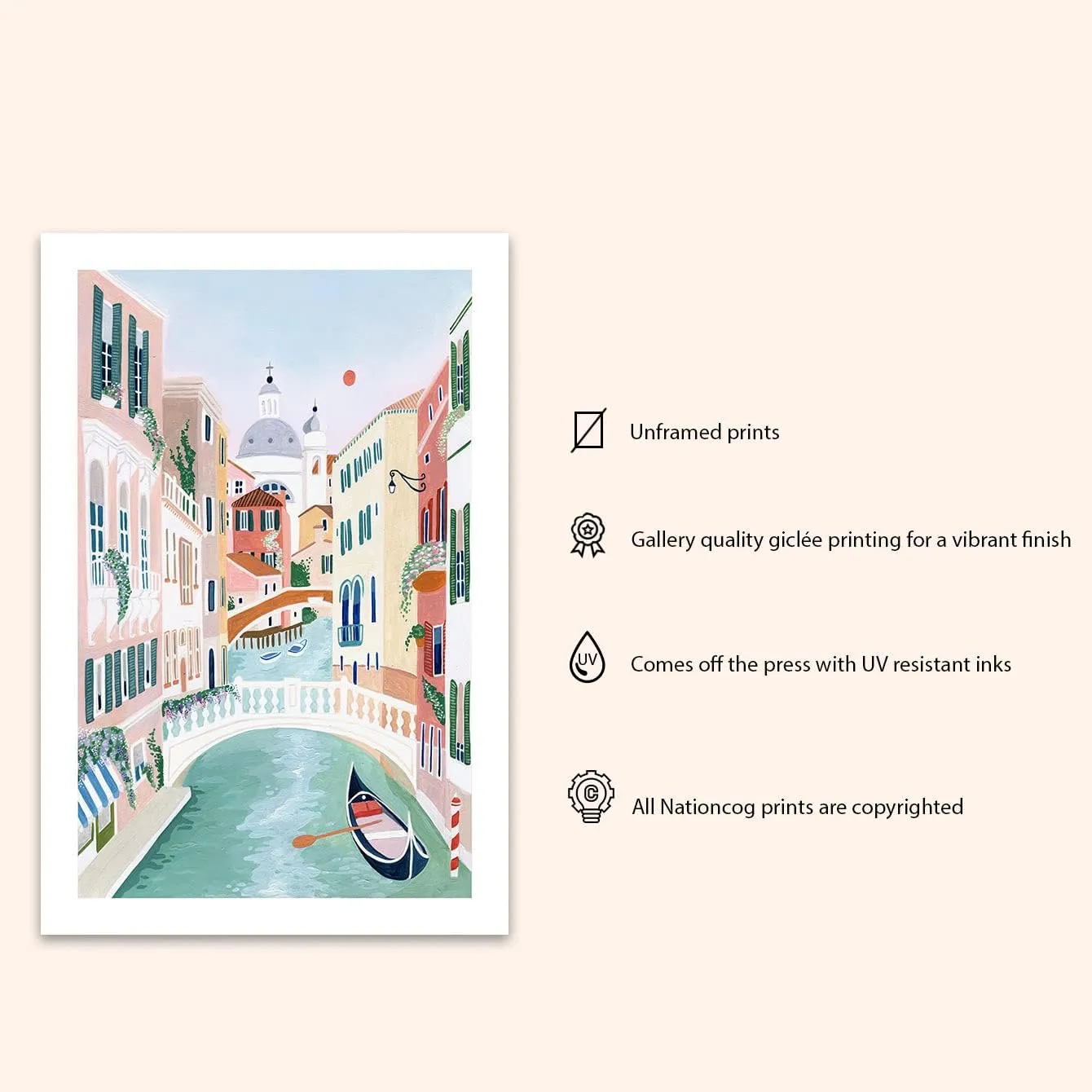 Nationcog Venice Art Print, Venezia Italy Art Print, Venice Painting, Travel Gift, Travel Poster, Engagement, Wedding, Anniversary, Housewarming Gift (Unframed) (11x14)