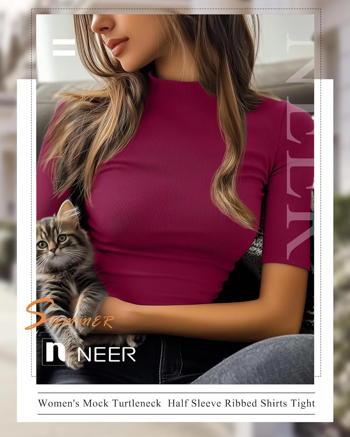 Neer 3 Pack Women's Mock Turtleneck Tops, Short Sleeve Ribbed Shirts Tight Mock Neck Tops Business Casual Basic Tees