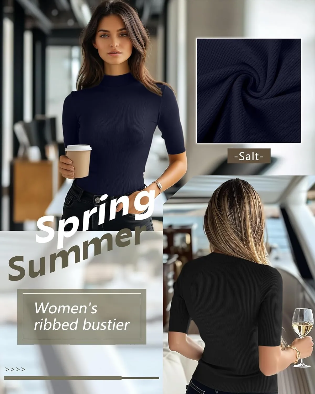 Neer 3 Pack Women's Mock Turtleneck Tops, Short Sleeve Ribbed Shirts Tight Mock Neck Tops Business Casual Basic Tees