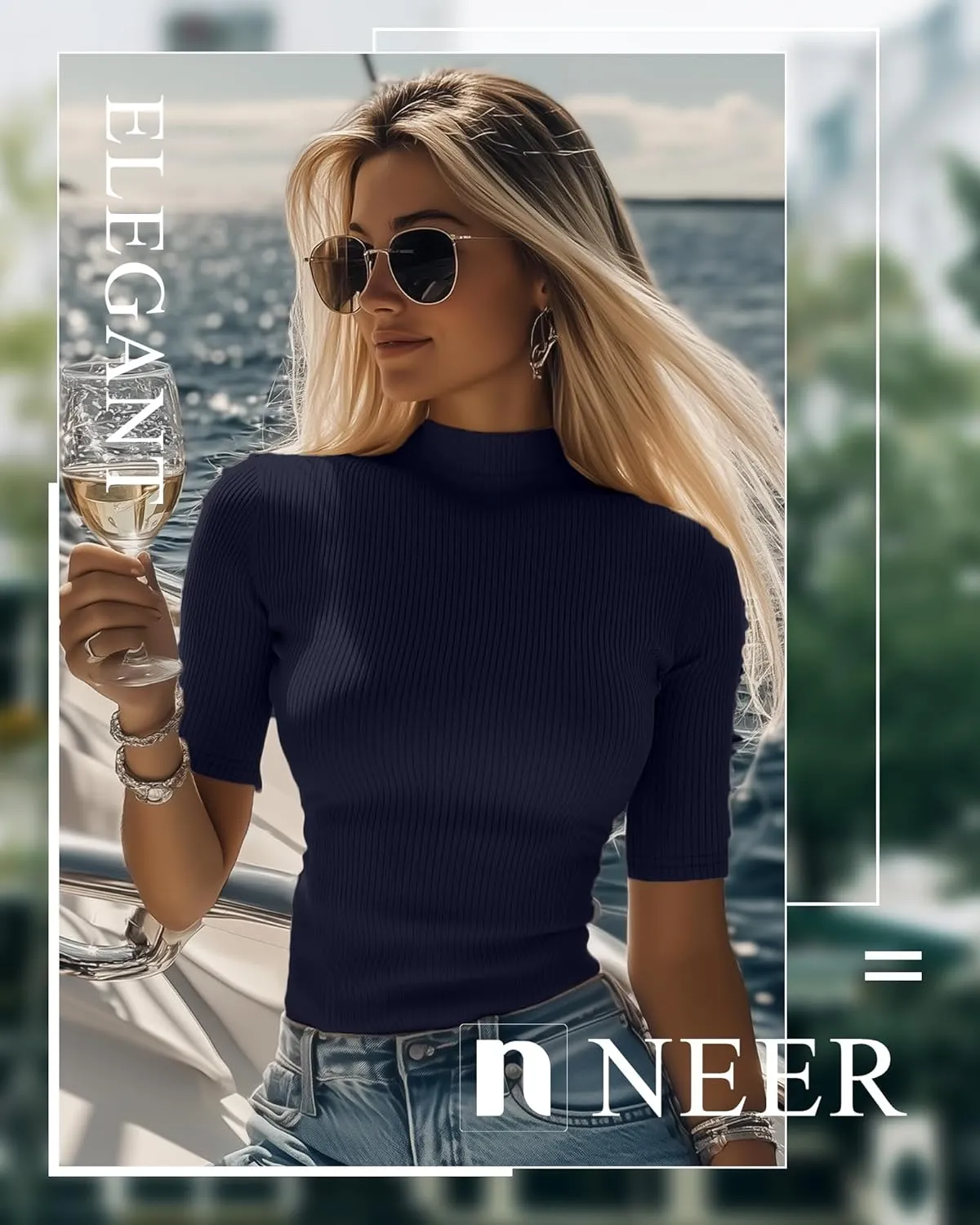 Neer 3 Pack Women's Mock Turtleneck Tops, Short Sleeve Ribbed Shirts Tight Mock Neck Tops Business Casual Basic Tees