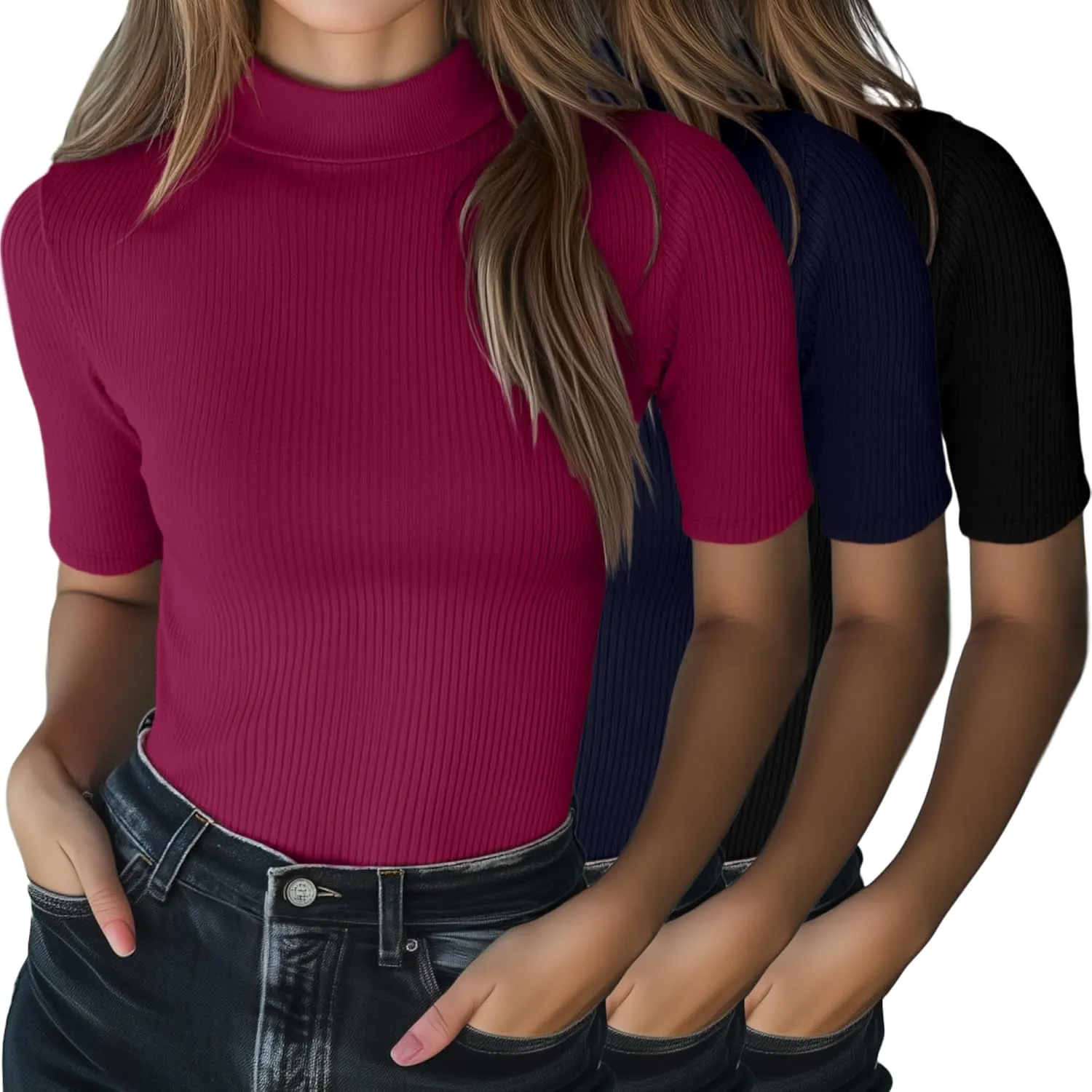 Neer 3 Pack Women's Mock Turtleneck Tops, Short Sleeve Ribbed Shirts Tight Mock Neck Tops Business Casual Basic Tees