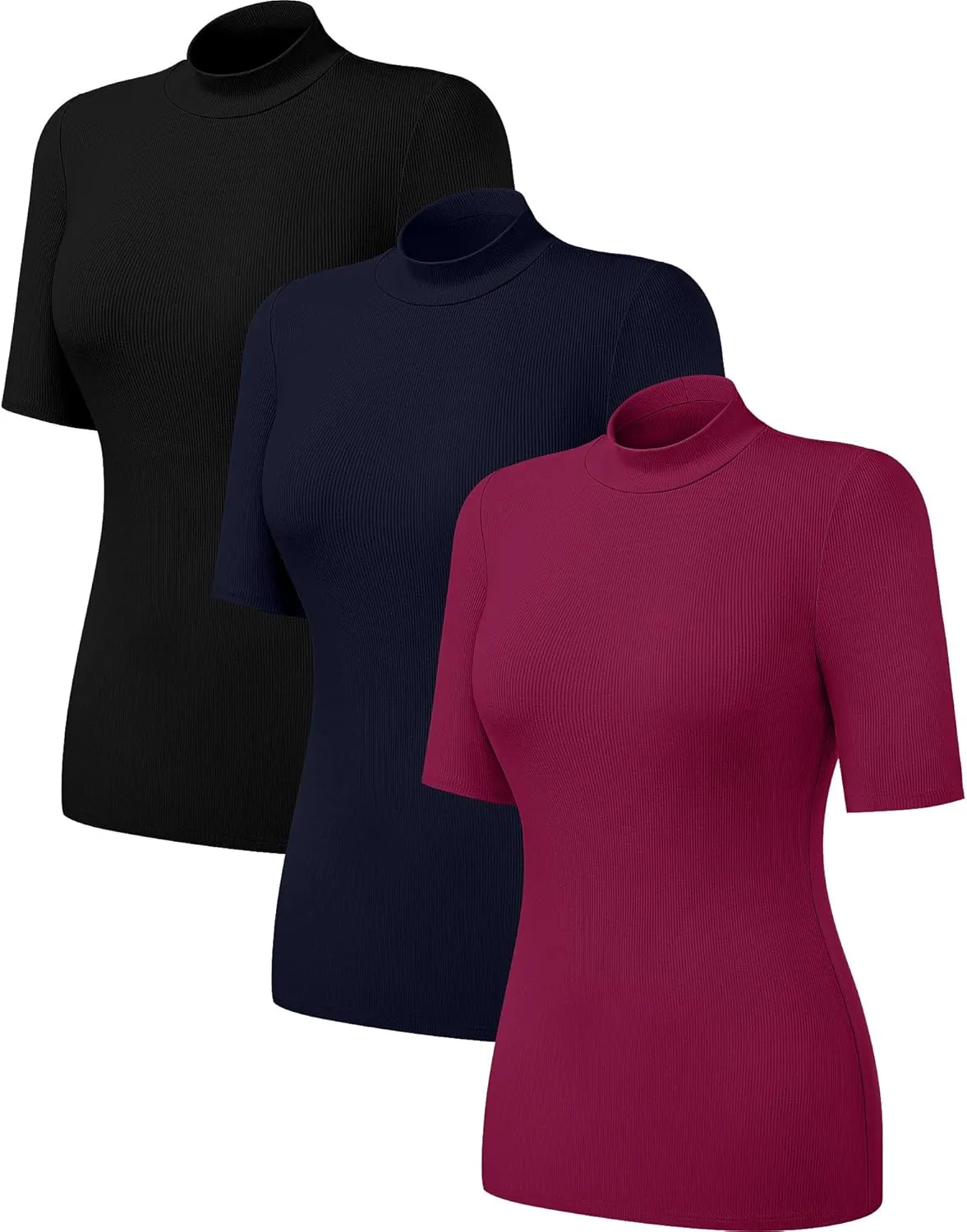 Neer 3 Pack Women's Mock Turtleneck Tops, Short Sleeve Ribbed Shirts Tight Mock Neck Tops Business Casual Basic Tees