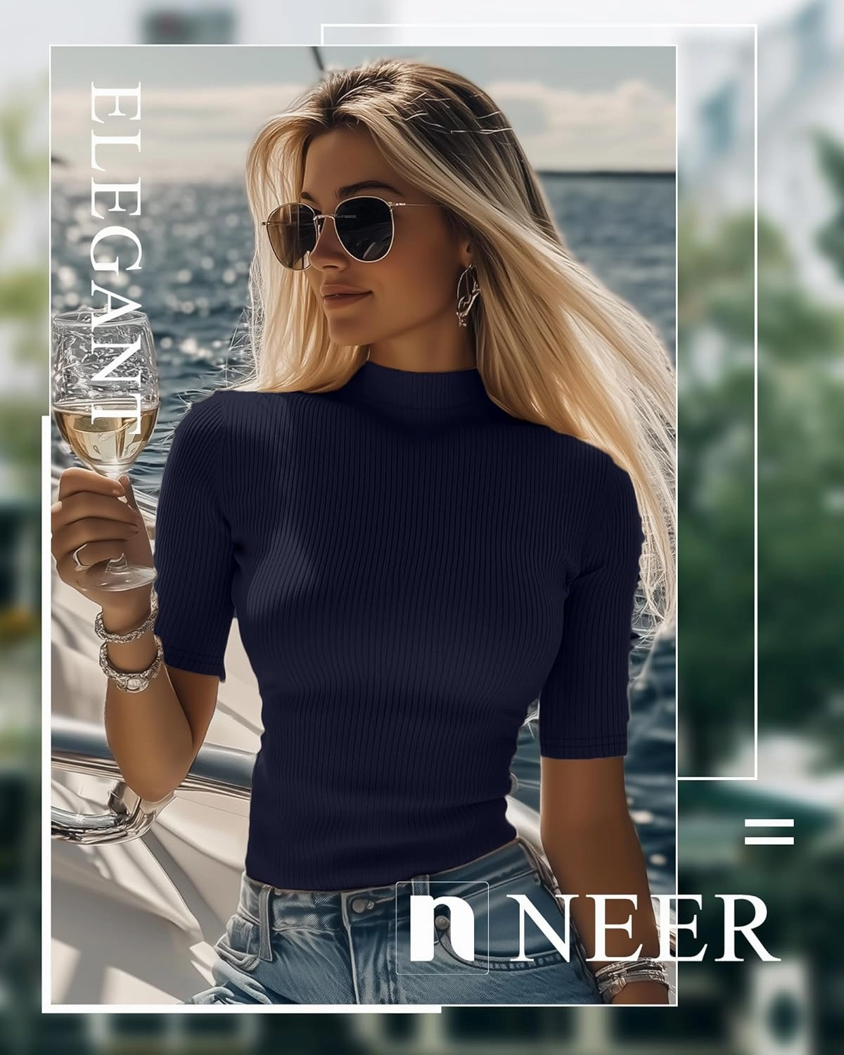 Neer 3 Pack Women's Mock Turtleneck Tops, Short Sleeve Ribbed Shirts Tight Mock Neck Tops Business Casual Basic Tees