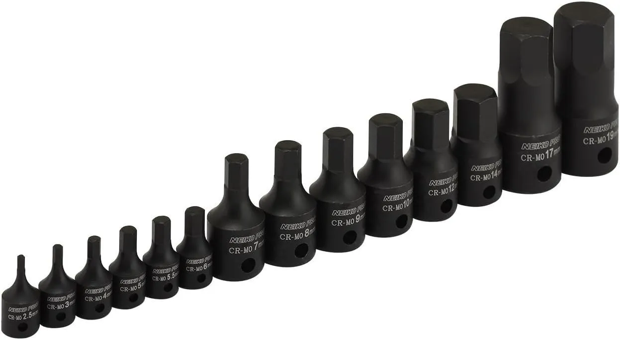 NEIKO 01141B Allen-Bit Socket Set, Metric Socket Set, 2.5 mm to 19 mm, 1/4-Inch, 3/8-Inch, and 1/2-Inch Drive, CrMo Steel, Impact-Grade, 14-Piece Set