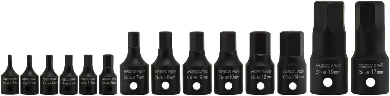 NEIKO 01141B Allen-Bit Socket Set, Metric Socket Set, 2.5 mm to 19 mm, 1/4-Inch, 3/8-Inch, and 1/2-Inch Drive, CrMo Steel, Impact-Grade, 14-Piece Set