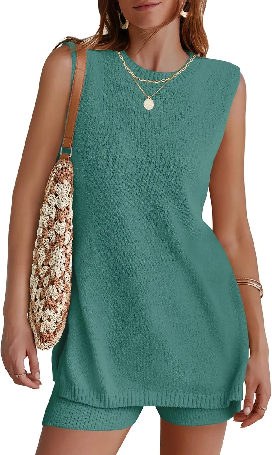 NENONA Women's Summer Sleeveless Sweater Lounge Sets Casual Loose Fit Tunic Tops and Shorts 2 Piece Beach Vacation Outfits