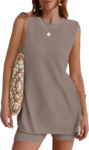 NENONA Women's Summer Sleeveless Sweater Lounge Sets Casual Loose Fit Tunic Tops and Shorts 2 Piece Vacation Outfits