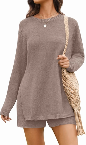 NENONA Women's Spring Summer 2 Piece Outfits Long Sleeve Casual Tunic Sweater & Shorts Knit Beach Vacation Lounge Sets