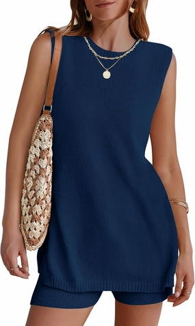 NENONA Women's Summer Sleeveless Sweater Lounge Sets Casual Loose Fit Tunic Tops and Shorts 2 Piece Vacation Outfits