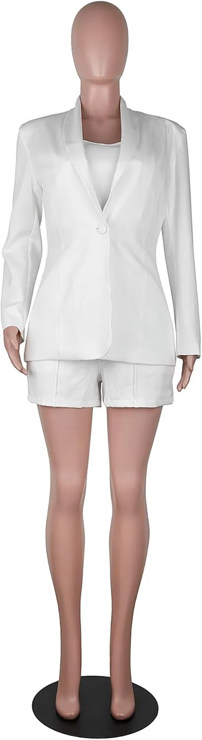 NRTHYE Women Sexy Bussiness Outfits 3 Piece Open Front Button Blazers   Crop Tops   Belted Shorts Set Jumpsuits