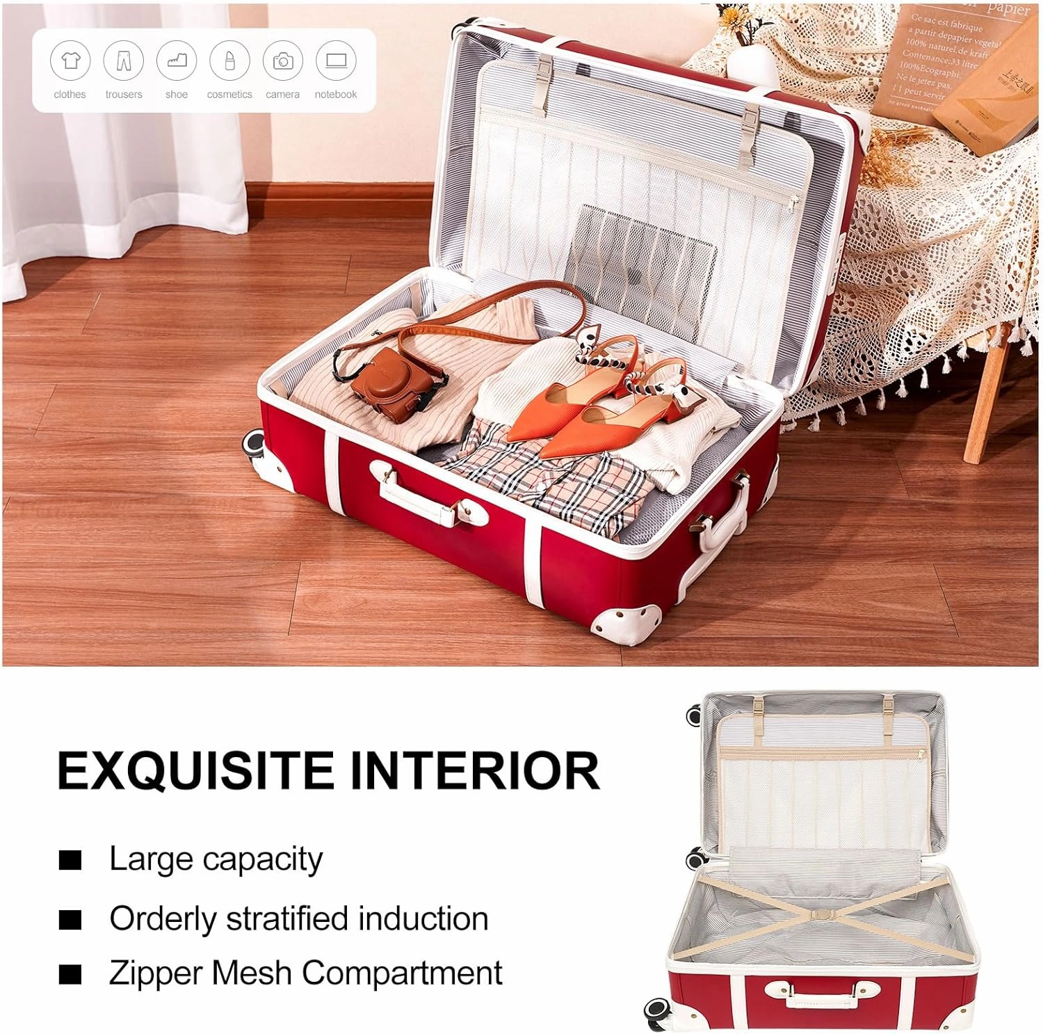 NZBZ Vintage Luggage Sets for Women, 3 Piece Faux Leather Retro Luggage Sets, Retro Lightweight Spinner Suitcases, Vintage Suitcase Set (Cherry Red, 20inch & 24inch & 28inch)
