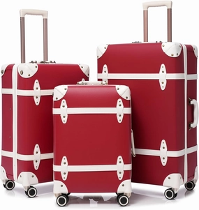 NZBZ Vintage Luggage Sets for Women, 3 Piece Faux Leather Retro Luggage Sets, Retro Lightweight Spinner Suitcases, Vintage Suitcase Set (Cherry Red, 20inch & 24inch & 28inch)