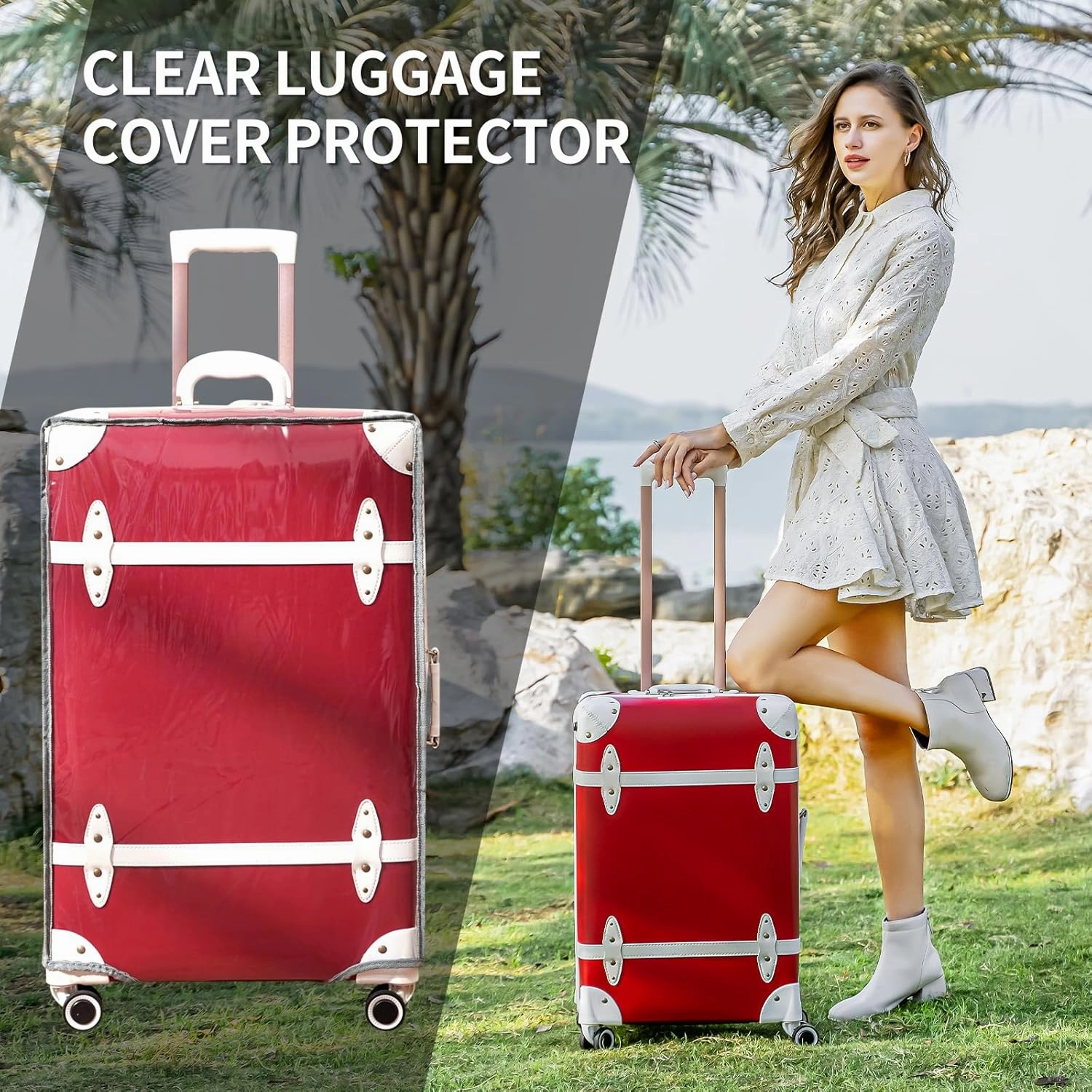 NZBZ Vintage Luggage Sets for Women, 3 Piece Faux Leather Retro Luggage Sets, Retro Lightweight Spinner Suitcases, Vintage Suitcase Set (Cherry Red, 20inch & 24inch & 28inch)