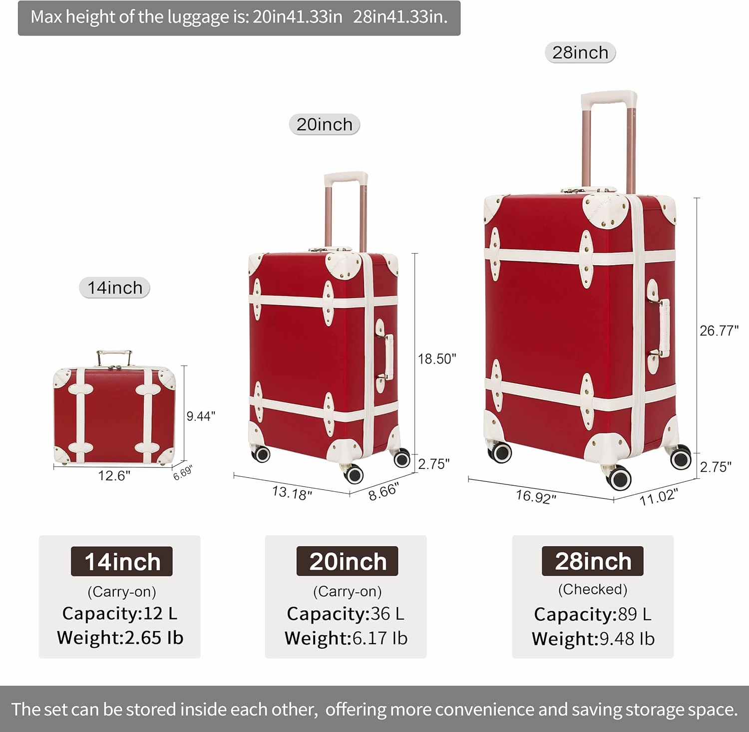 NZBZ Vintage Luggage Sets of 2, Vintage Suitcase Set for Women and Men, Cute Retro Luggage Sets Vintage Handmade Zipper Retro Trunk Luggage (Cherry red, 14inch & 28inch)